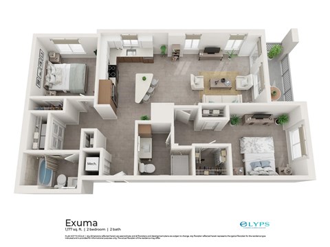 A floor plan of a two bedroom apartment from the company ELYPS.